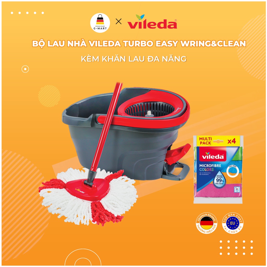 Cây lau nhà VILEDA Turbo Easy Wring&Clean kèm khăn lau đa năng gói 4 chiếc