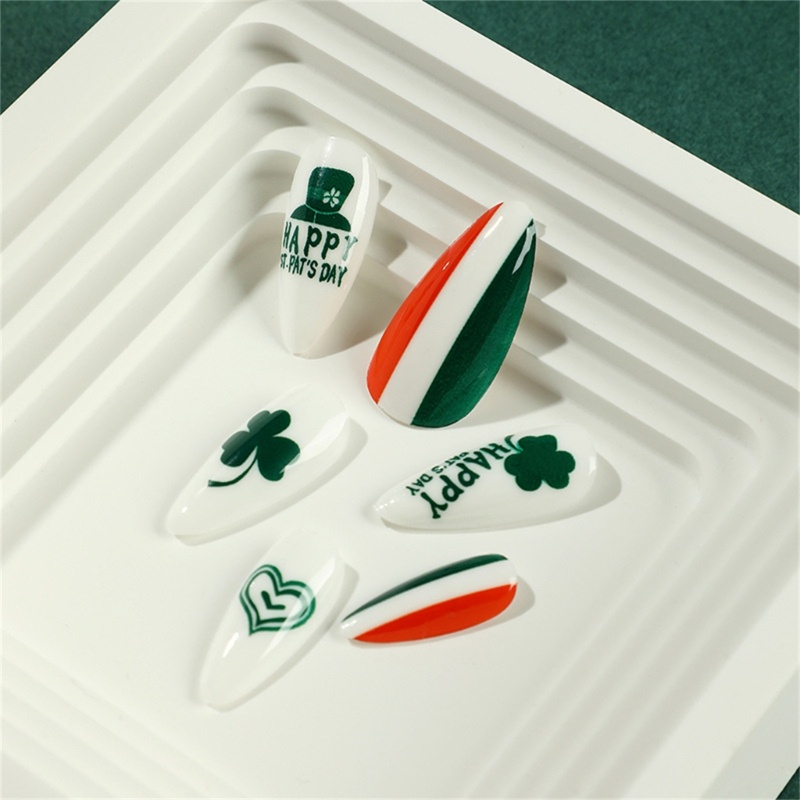 Youyo Almond Móng Tay Giả Acrylic Cỏ Bốn Lá Dạng Ấn -St Patrick s-Day