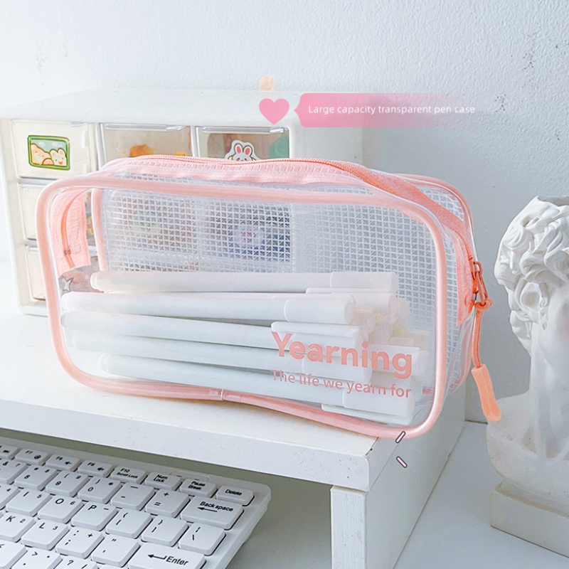 Túi Đựng Bút Dạng Lưới Trong Suốt Có Khóa Kéo Sức Chứa Lớn Phong Cách Hàn Quốc