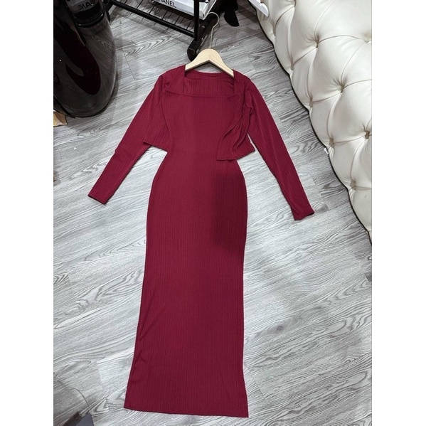 Set Đầm Ống Dài Xương Cá Kèm Khoác Cadigan