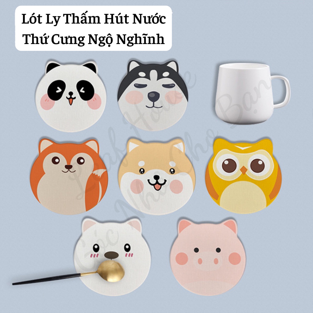 Lót ly, cốc bằng đá thấm hút nước, chống trượt hình thú cưng cute