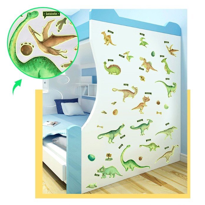 Decal trang trí tường - Những chú khủng long dạ quang xanh