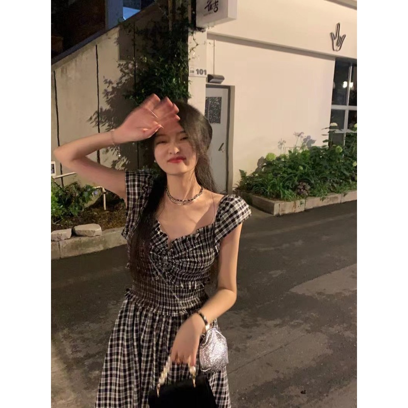 COZOK Đầm Ngắn Tay Cổ Chữ V Phối Bèo Họa Tiết Caro Nữ Tính