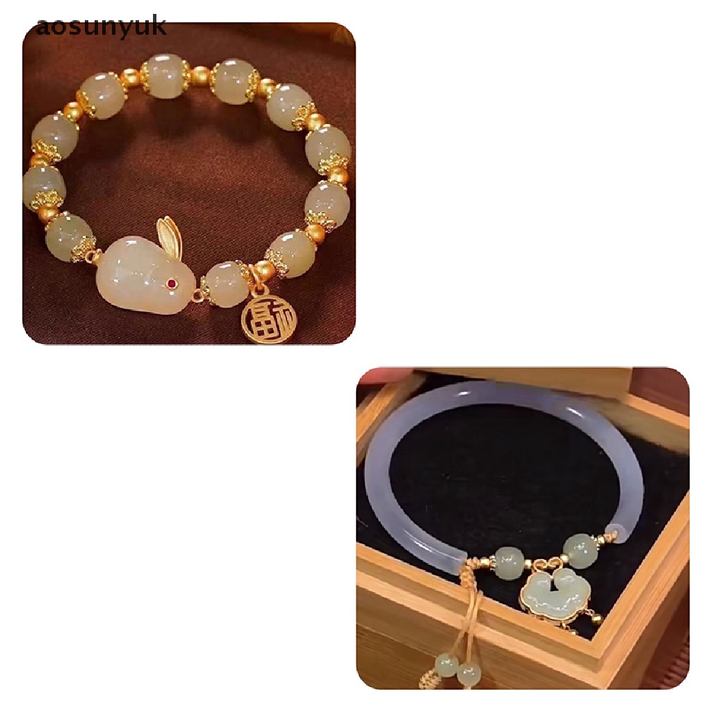 Aosunyuk Vòng Tay Hạt Tròn Mặt Hình Thỏ Vintage Trung Hoa Có Thể Điều Chỉnh Trang Sức