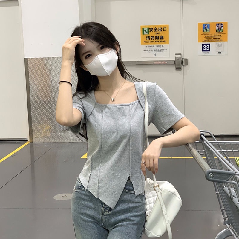 COZOKC COZOK Áo Thun Tay Ngắn Cổ Vuông Màu Trơn Thiết Kế Xẻ Tà Độc Đáo