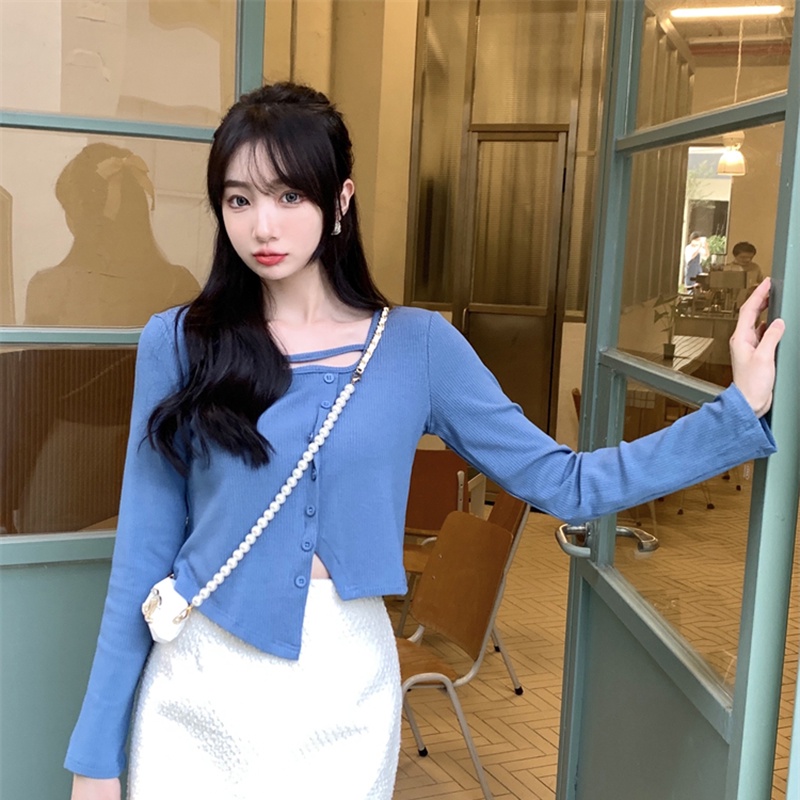 IELGY   Áo Kiểu Dáng Ôm Thiết Kế Không Đồng Đều Dễ Phối Đồ Thời Trang Cho Nữ