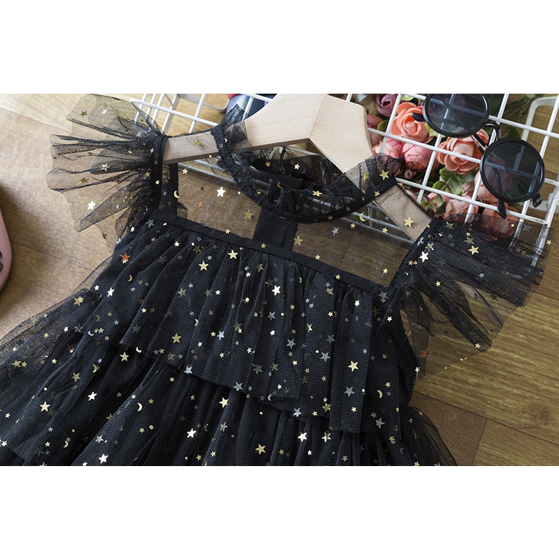 Đầm Dự Tiệc Màu Đen Đính Sequin Hình Ngôi Sao Lấp Lánh Xinh Xắn Cho Bé Gái