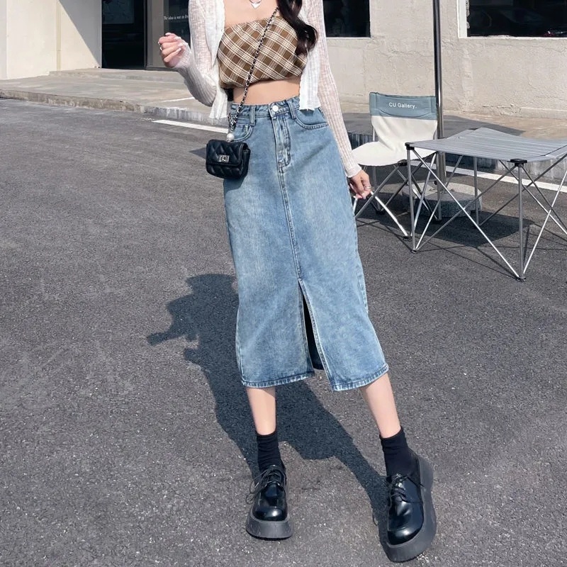 NZN Chân váy jean Lưng Cao Thiết Kế Xẻ Tà Phong Cách Retro Hàn Quốc
