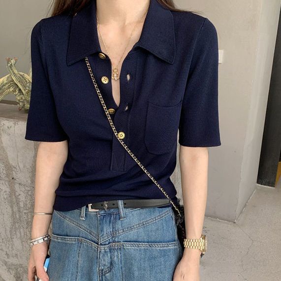 Áo Thun polo Dệt Kim Tay Ngắn Thời Trang Mùa Hè Cao Cấp Dễ Phối Đồ Cho Nữ