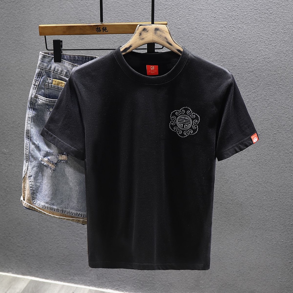 Áo thun nam tay ngắn thêu kỳ lân thời trang quốc gia S-4XL 2023 mẫu mới thương hiệu thời trang nửa tay thường ngày