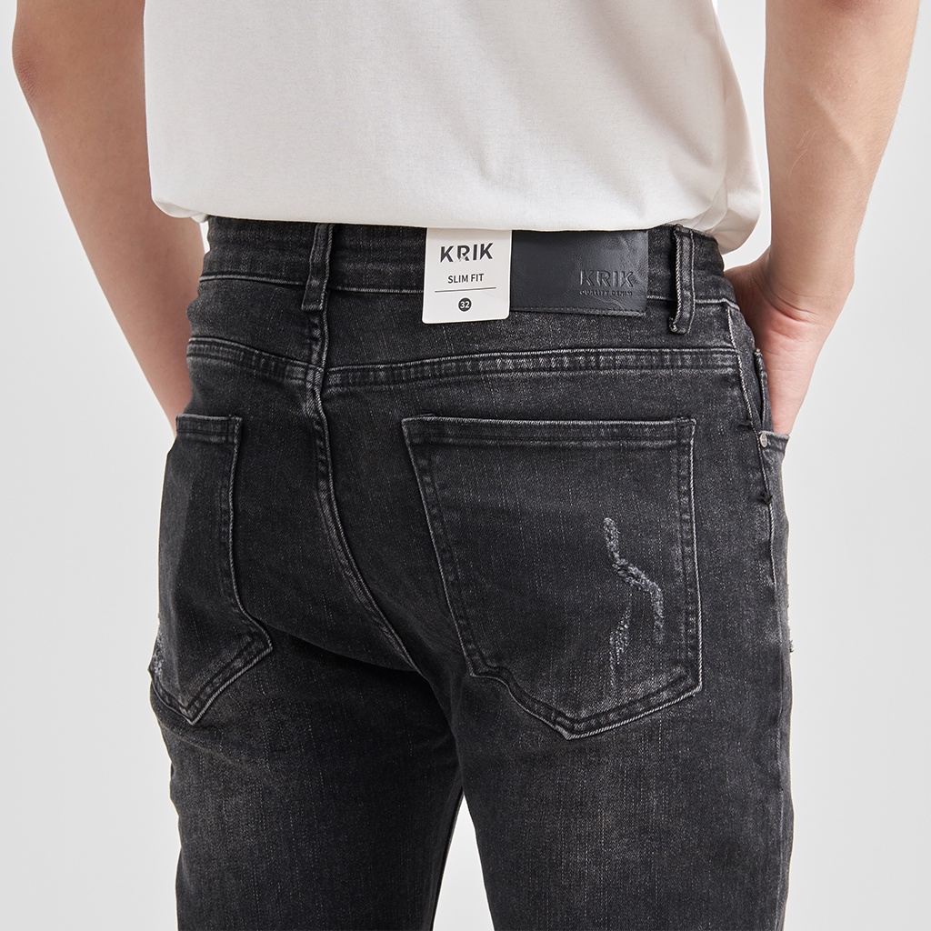 Quần Jean Nam Local Brand KRIK Dáng Slimfit Hàn Quốc, Màu Đen Rách Xước QJ0447