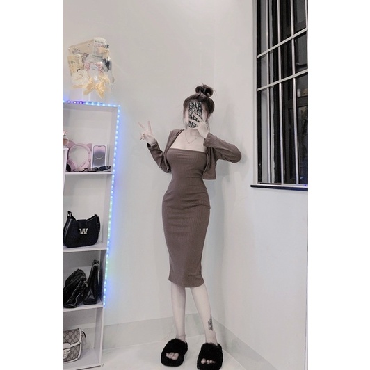 Set Đầm Ống Dài Xương Cá Kèm Khoác Cadigan