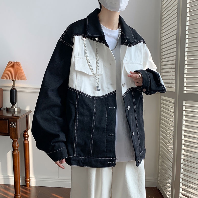 Áo Khoác jean Dáng Rộng Phối Màu Tương Phản Trắng Đen Thời Trang Cho Cặp Đôi joker2023 2.141423 2023
