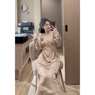 Đầm ngủ tiểu thư tay dài phối ren lụa latin cực phê và mát Freesize