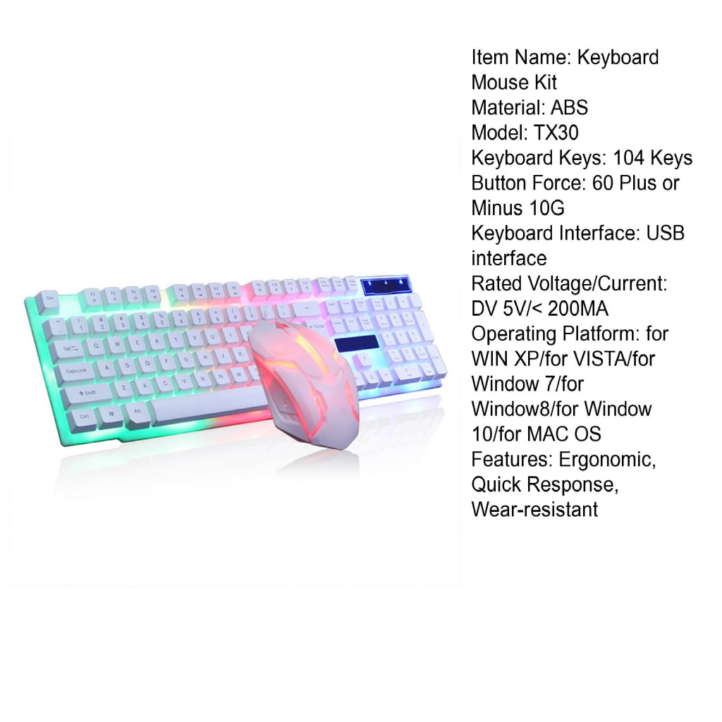 1 Bộ Chuột Và Bàn Phím TX30 3D Không Trượt Có Đèn Nền Nhiều Màu Siêu Mỏng