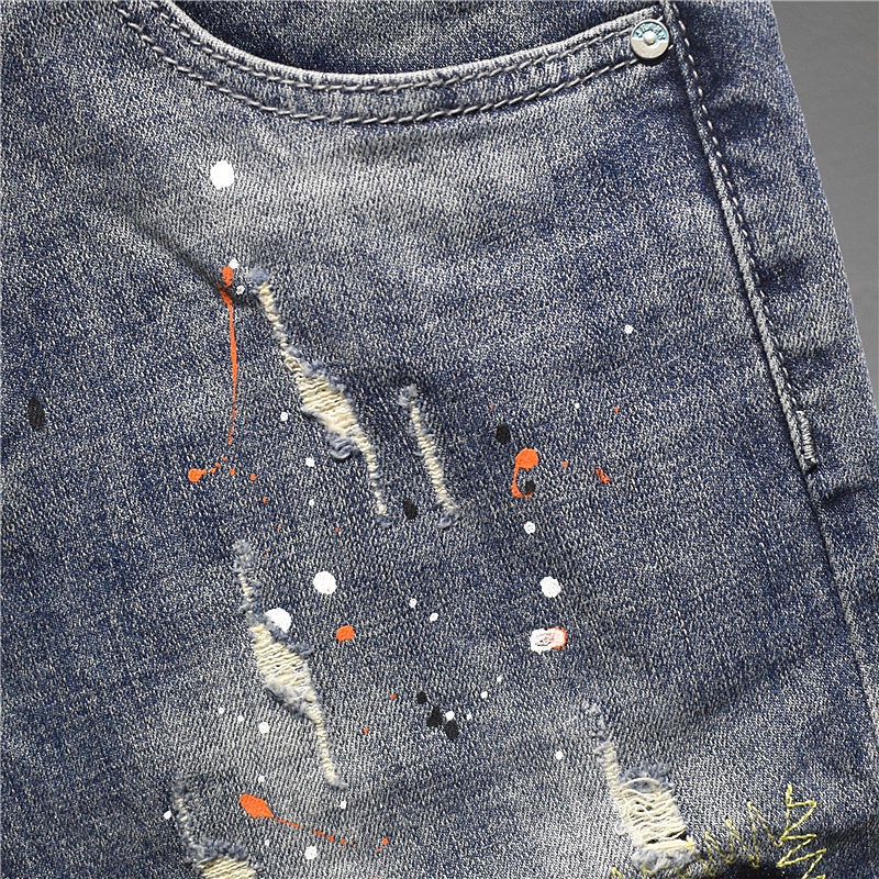 Quần Short Denim Rách Dáng Ôm Thêu Họa Tiết Thời Trang Mùa Hè 2023 Mới Cho Nam