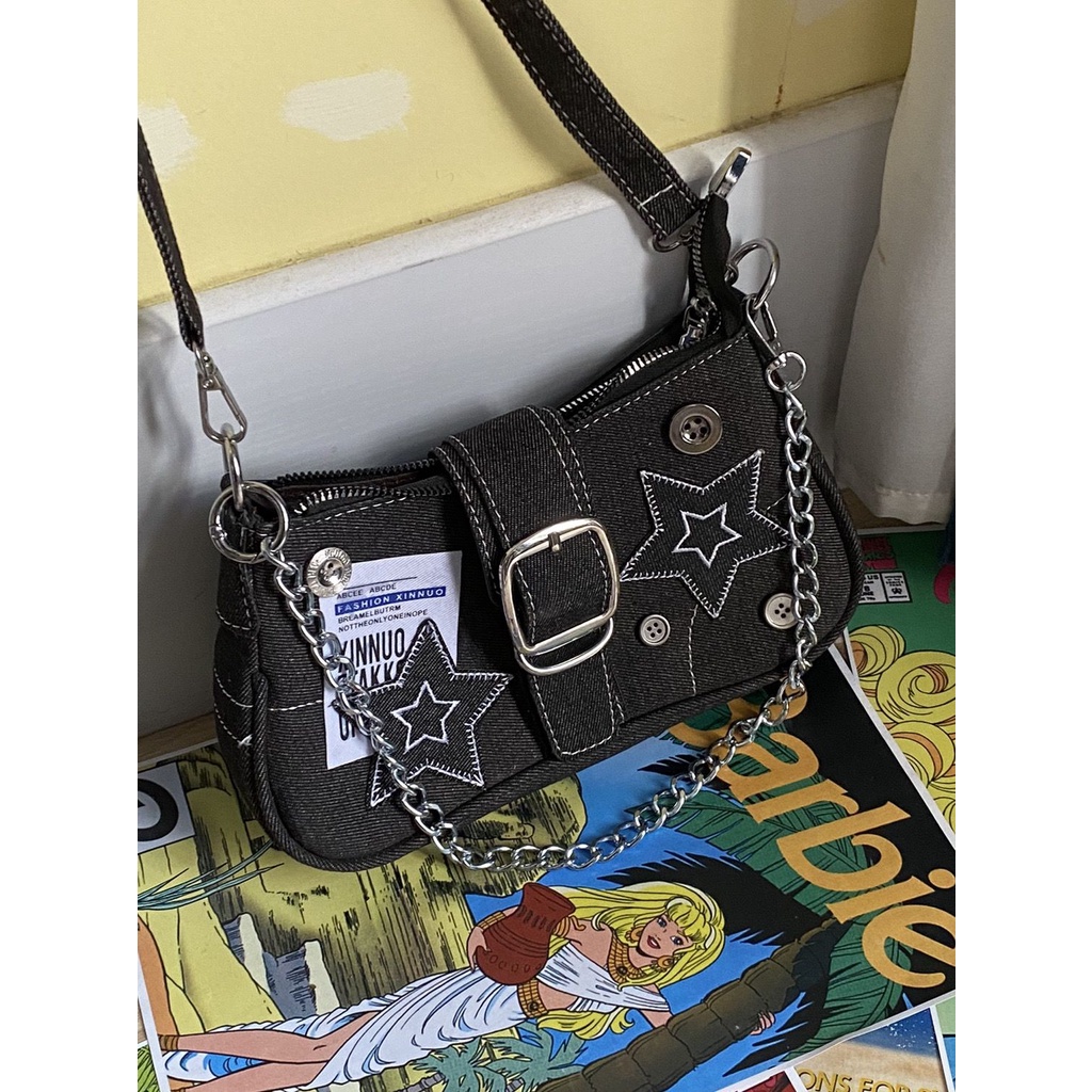 Túi Xách Denim Mẫu Mới 2023 New Millennium Spice Girl Star Denim Có Dây Xích Cài Nút Kiểu Mỹ Cổ Điển