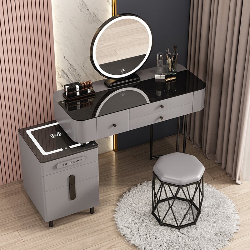 Bàn trang điểm kèm gương đèn Led cảm ứng 3 màu hiện đại, bàn phấn có tủ và ngăn kéo, kèm loa bluetooth sặc không dây