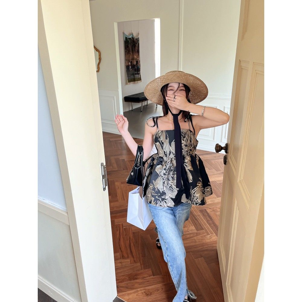 (Sẵn) Áo hai dây thắt nơ Miuna có hoạ tiết hoa, Áo babydoll hai dây phong cách retro | BigBuy360 - bigbuy360.vn