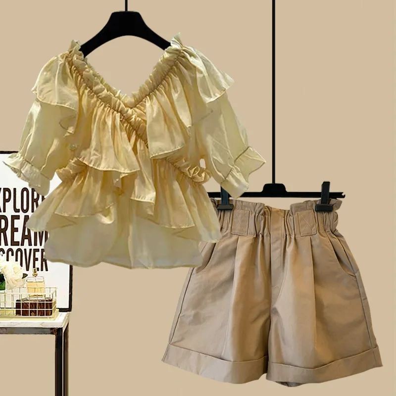 Áo Sơ Mi Chiffon Cổ Chữ V Phối Bèo + Quần Short Thời Trang Mùa Hè Phong Cách Pháp Cho Nữ