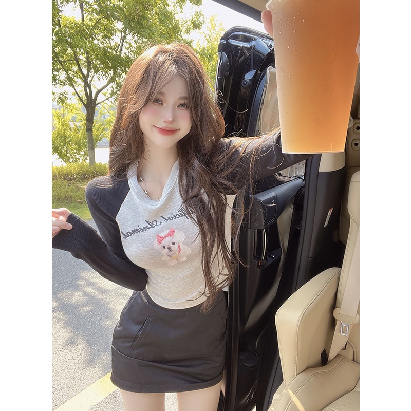 COZOK Áo Thun Raglan Tay Lửng Dáng Ôm In Họa Tiết Thời Trang