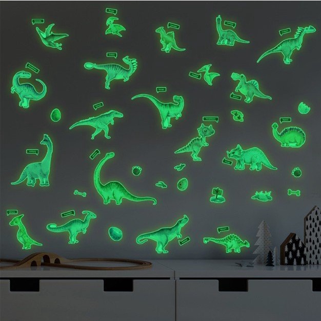 Decal trang trí tường - Những chú khủng long dạ quang xanh