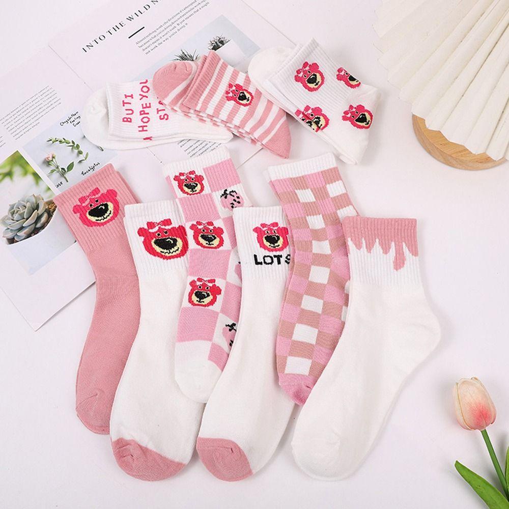 Vớ Kẻ Sọc In Hình Gấu Và Dâu Tây Dễ Thương Phong Cách Harajuku Cho Nữ