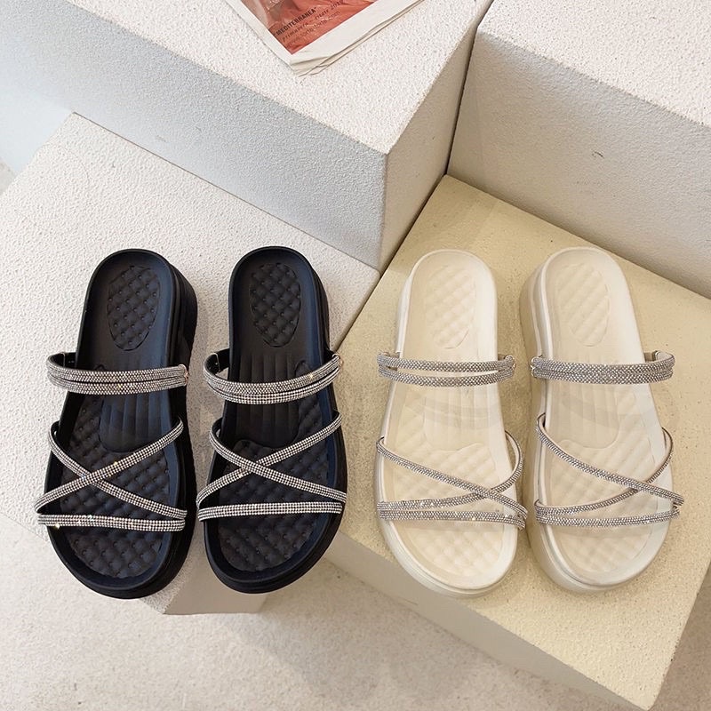 Dép bánh mì cao 5cm quai đính đá dây nhỏ mang được 2 kiểu sandal và dép