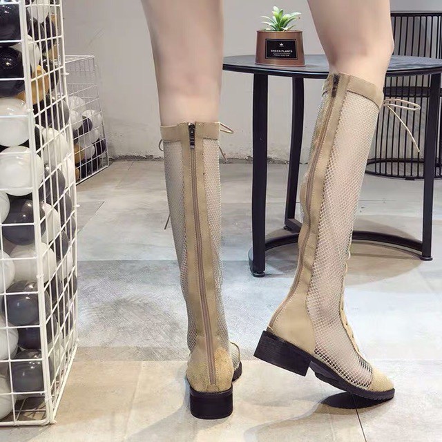Boots lưới đế 6,5cm dáng dài phối da lộn hot hit gót vuông