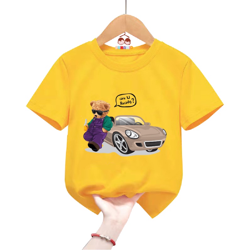 Áo thun trẻ em be trai bé gái hình gấu XE ORE READY ghita bé từ 6kg đen 30kg.G12.