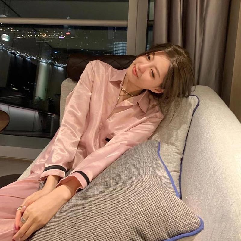 [Hàng Quảng Châu] MS1064 Bộ Pyjama Nữ Lụa Satin, Bộ Quần Áo Dài Mặc Nhà Trơn Viền Đen 8209#