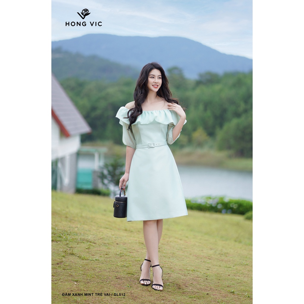 Đầm nữ thiết kế Hong Vic xanh mint trễ vai DL512