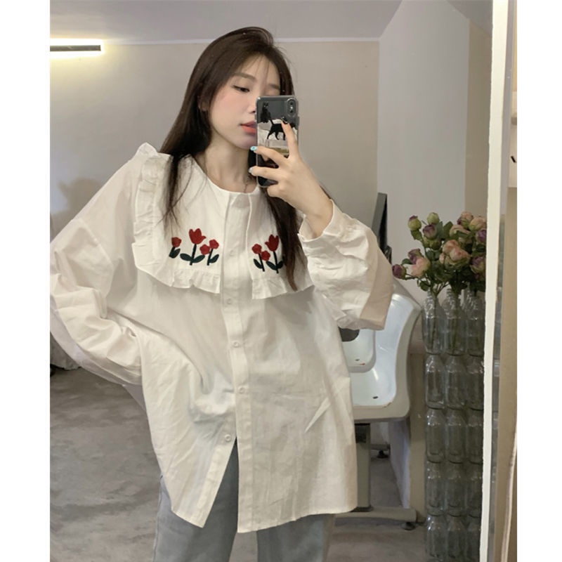 COZOK Áo Sơ Mi Nữ Tay Dài Cổ Búp Bê Thêu Hoa Thời Trang