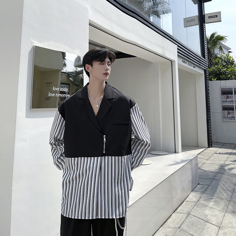 Áo Sơ Mi Tay Dài Khóa Kéo Họa Tiết Kẻ Sọc Nhiều Màu Sắc Phong Cách Hàn Quốc Thời Trang Cho Nam