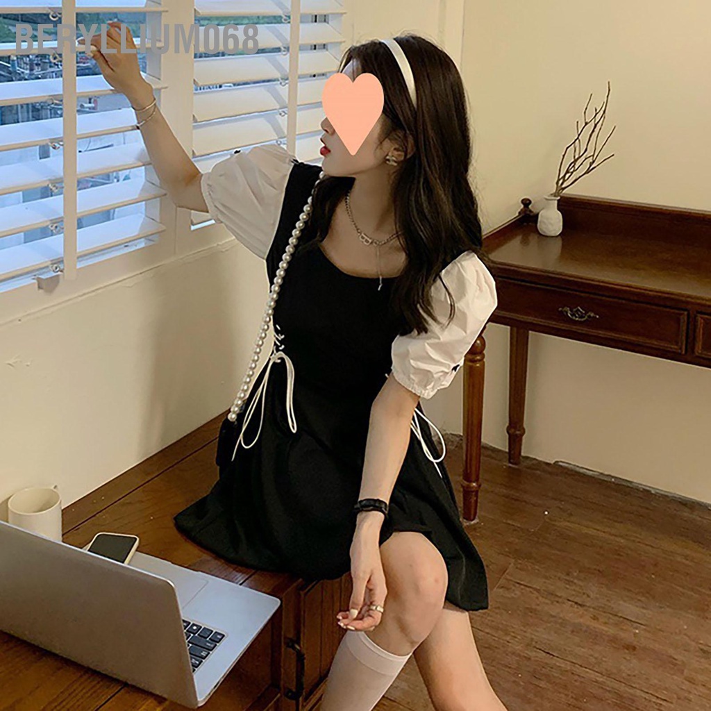 Váy Đen Phối Cổ vuông Trắng Siêu Xinh Có Ảnh Thật - Dễ Thương Tay Phồng Chữ A Mùa Hè Cho Đi Học Làm Việc Hẹn Hò Và Du Lịch - Beryllium068