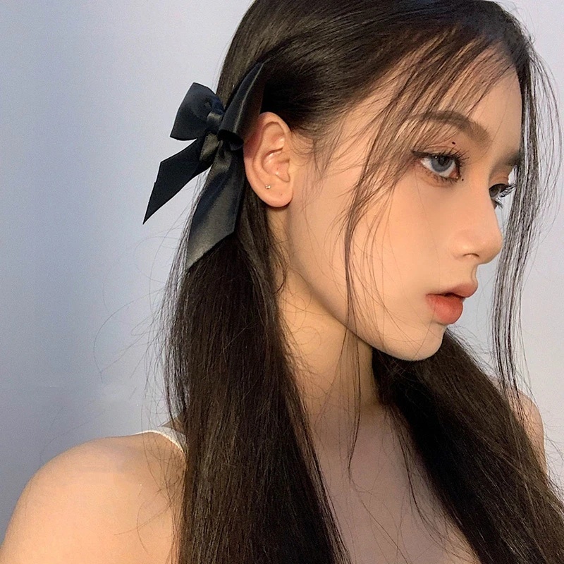 Kẹp Tóc Nơ Ruy Băng Màu Trắng Đen Phong Cách Vintage Dễ Thương Cho Nữ