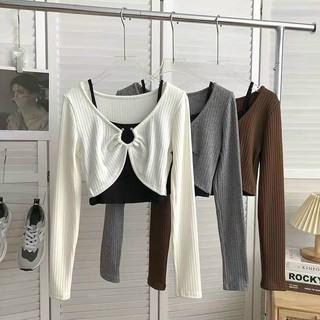 Set 2 món croptop tay dài khoen ngực