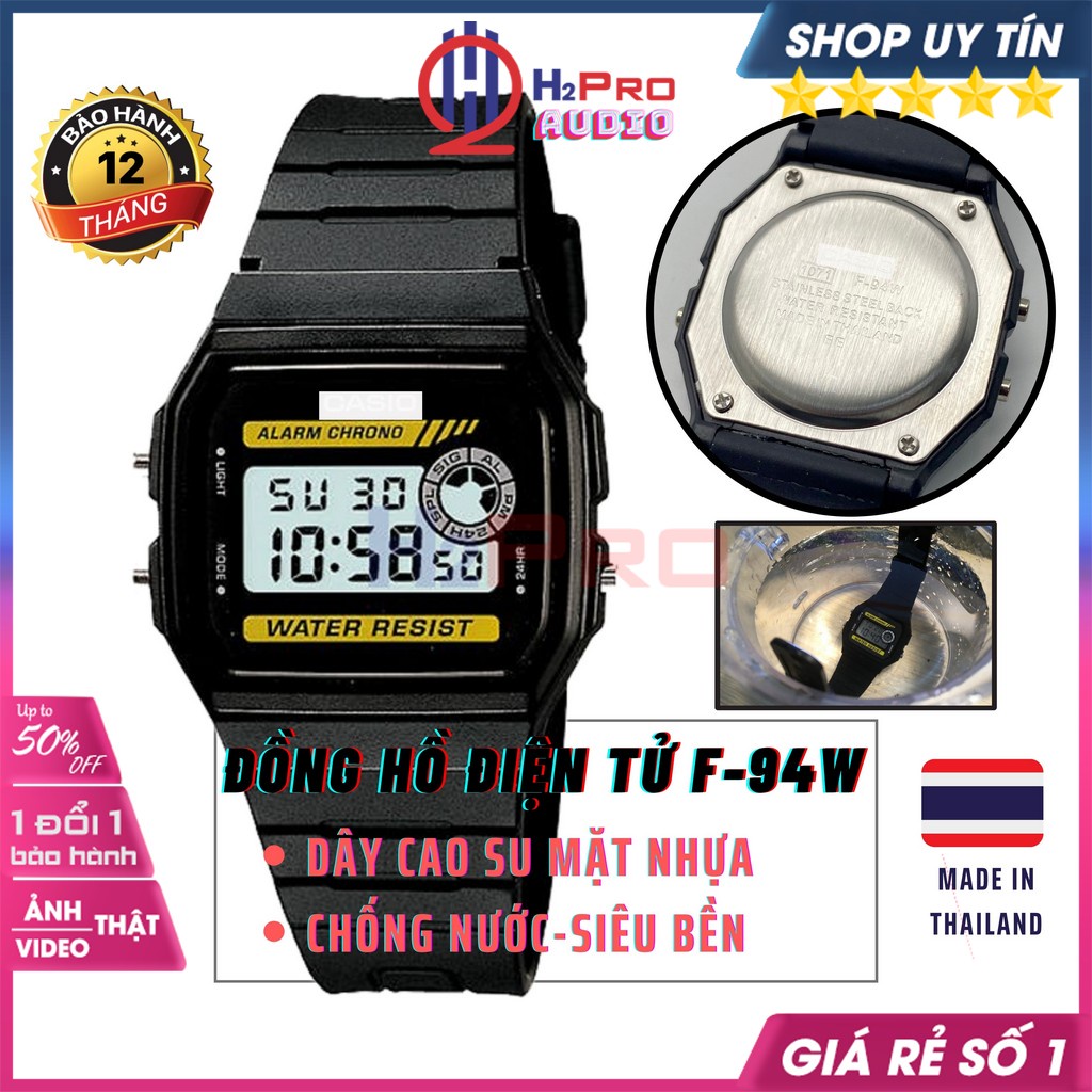 Đồng Hồ Điện Tử F-94W Thái Lan Cao Cấp-Chống Nước-Siêu Bền-Nhẹ, Đồng Hồ Nam, Nữ Mặt Vuông Huyền Thoại-H2pro Audio