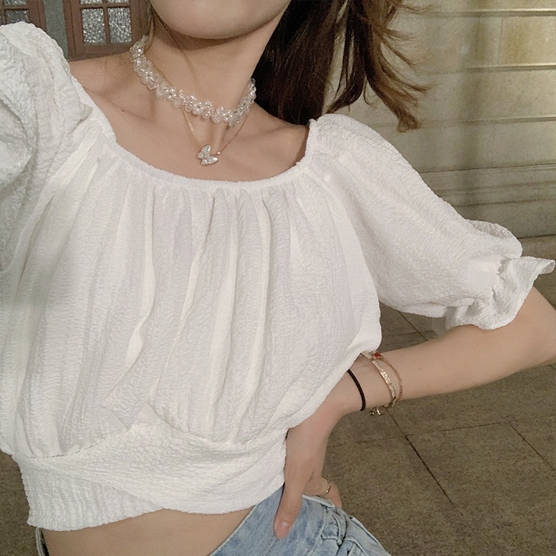 Áo Kiểu Ngắn Cổ Vuông Màu Sắc Trơn Phong Cách Hàn Quốc Thời Trang Mùa Hè Cho Nữ