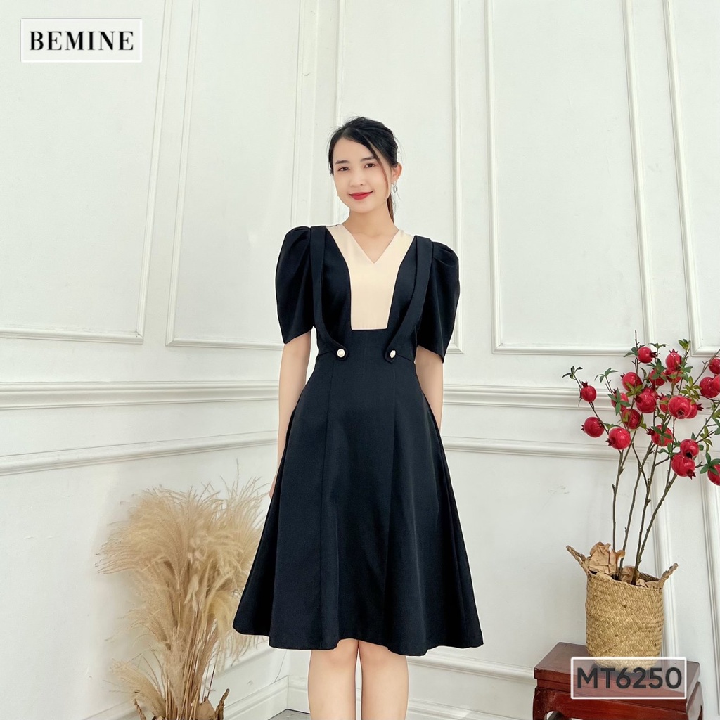 Đầm cổ phối V tay phồng BEMINE MT6250