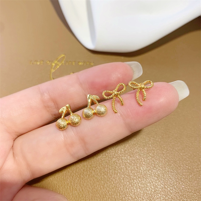 Bông Tai Xỏ Hình Nơ Màu Vàng Anh Đào Không Gây Dị Ứng Thời Gian Dài A003