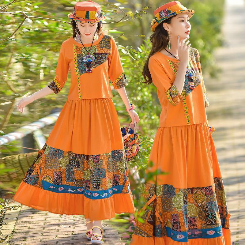 Bộ Áo Thun Cotton Lanh + Chân Váy In Họa Tiết Thổ Cẩm Truyền Thống Thời Trang Xuân Hè 2023