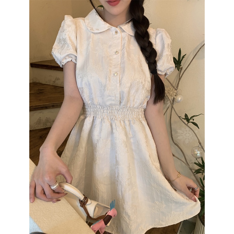 Bộ Đồ Hóa Trang Cô Gái Ngày Tháng Tư Xinh Xắn|Rich Little Daughter ~ Đầm Dáng Chữ a Tay Phồng Ôm Eo Họa Tiết Dập Nổi Kiểu Pháp Cổ Điển Sang Trọng