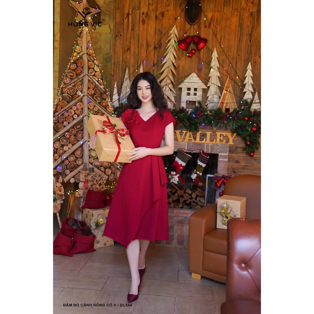Đầm liền nữ thiết kế Hong Vic đỏ cánh hồng cổ V DL544