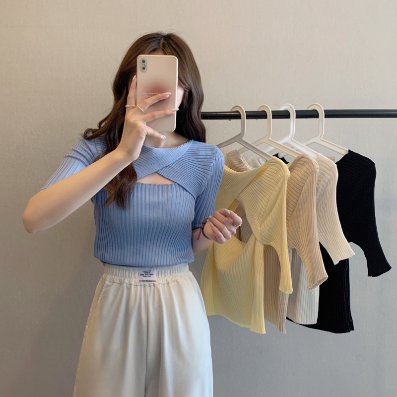 Áo Thun Dệt Kim Tay Ngắn Dáng Ôm Màu Trơn Thời Trang Mùa Hè Dành Cho Nữ