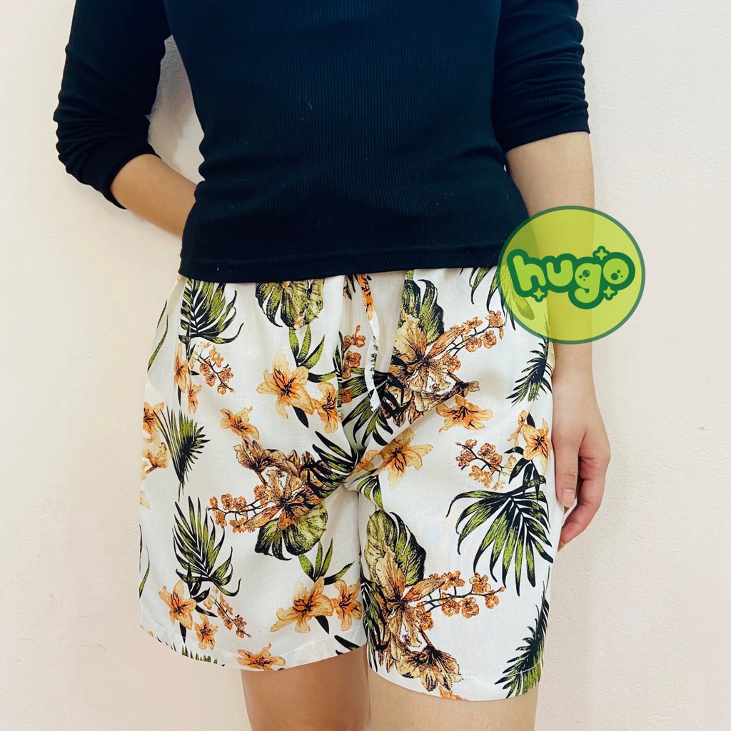 Quần đùi lanh, quần short ngắn mặc nhà , quần đi biển lanh họa tiết hoa quả nam nữ 40 - 75kg nhiều màu - Hugo Shop