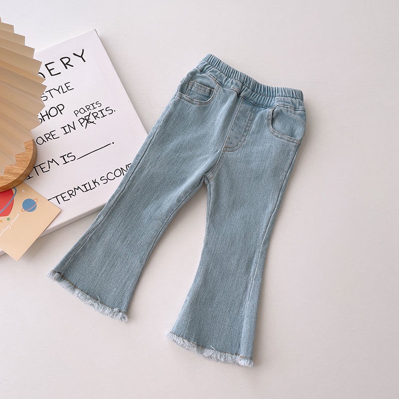 Quần Denim Dài Ống Loe Màu Xanh Nhạt Thời Trang Mùa Xuân Mới 2023 Cho Bé Gái
