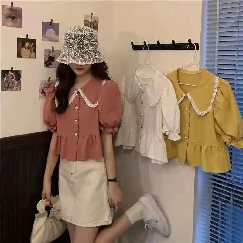 Áo Sơ Mi Ngắn Tay Cổ Búp Bê Phong Cách Hàn Quốc