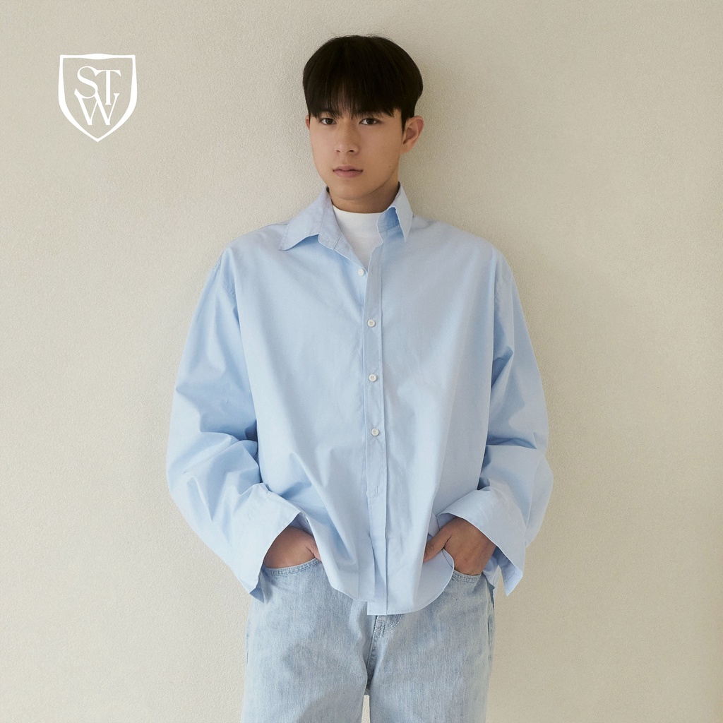 Áo sơ mi Hàn Quốc form rộng oversize xanh baby blue dài tay chất liệu cotton dành cho nam - Something to wear