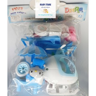 BỘ MÔ HÌNH 4 MÈO HELLO KITTY VÀ TRỰC THĂNG CẮM TRẠI (16 MÓN)